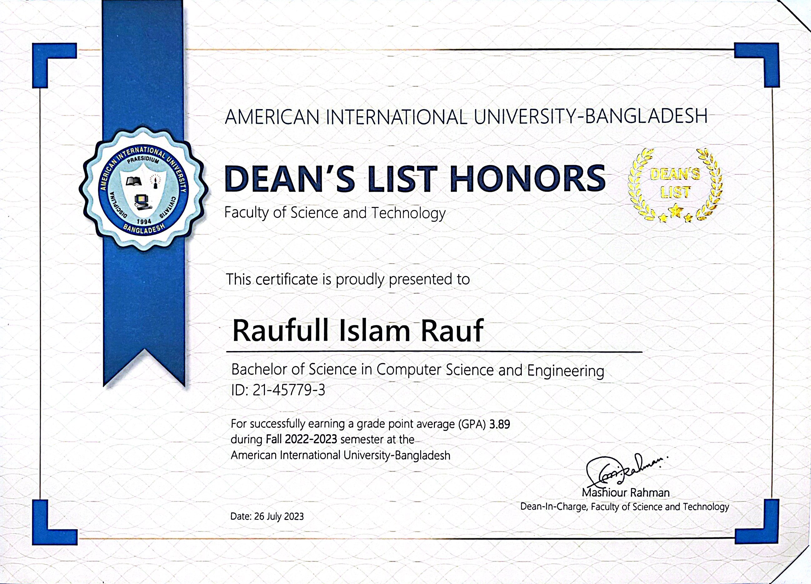 Dean's Award Fall 2022-2023