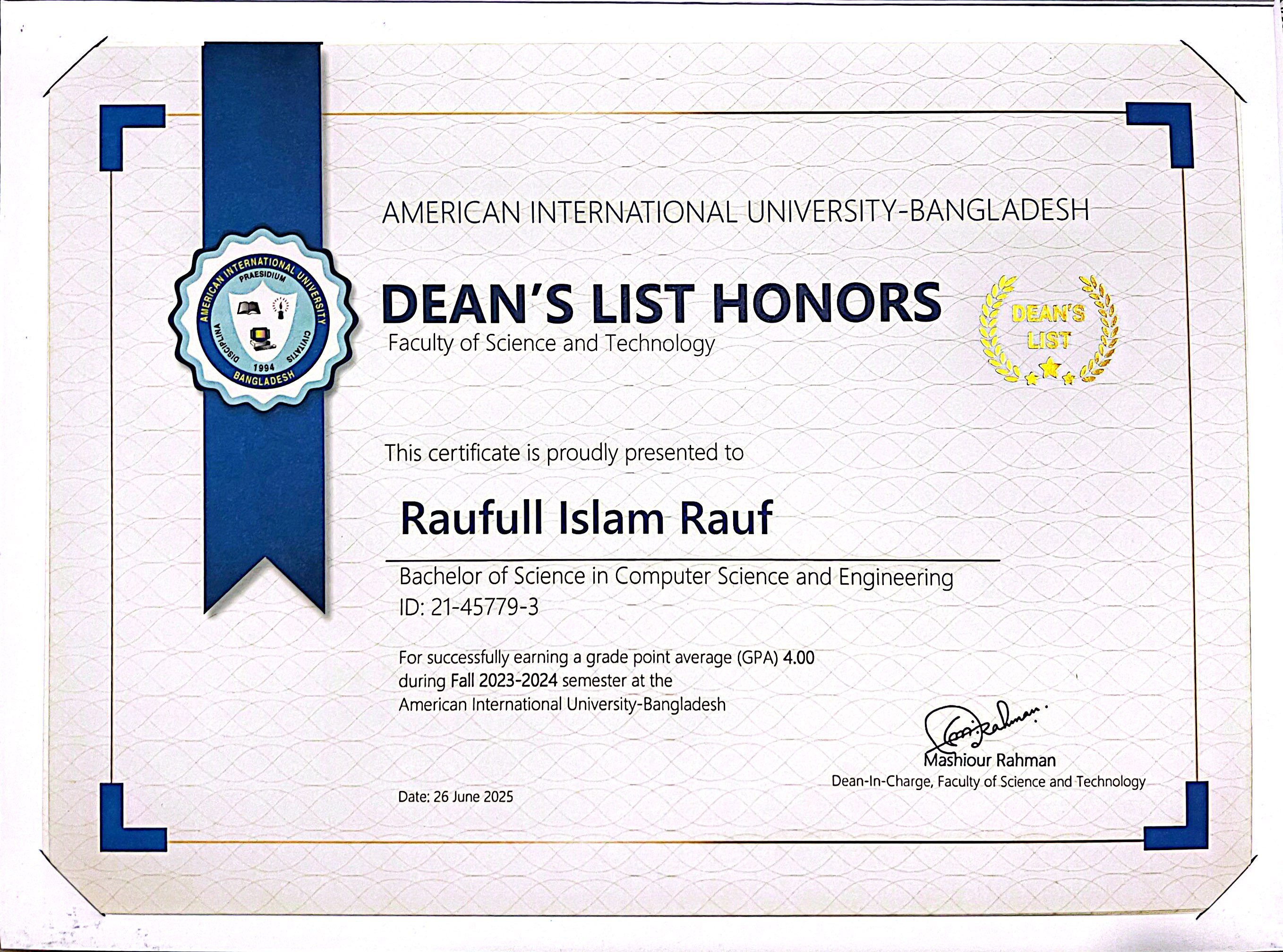 Dean's Award Fall 2023-2024