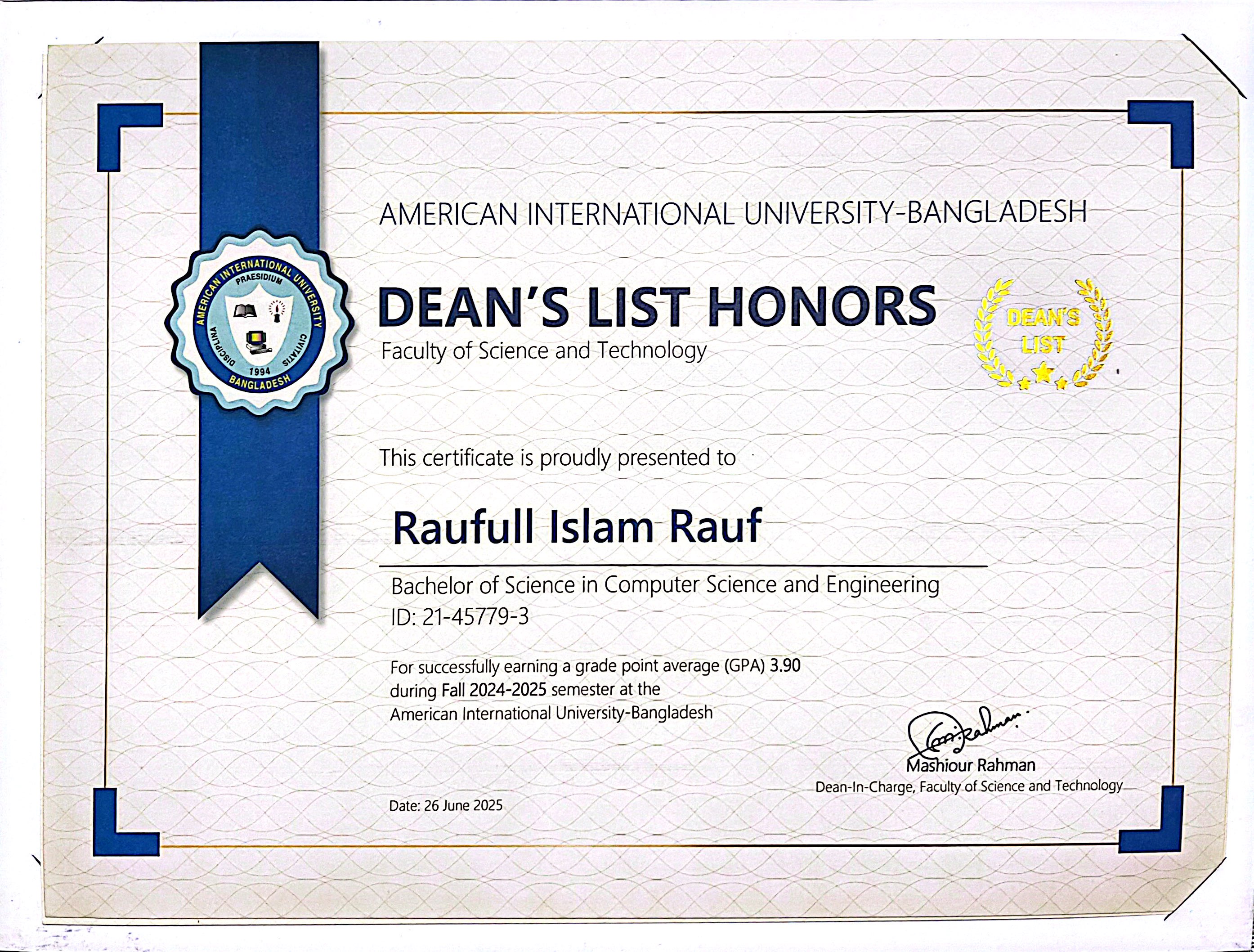 Dean's Award Fall 2024-2025