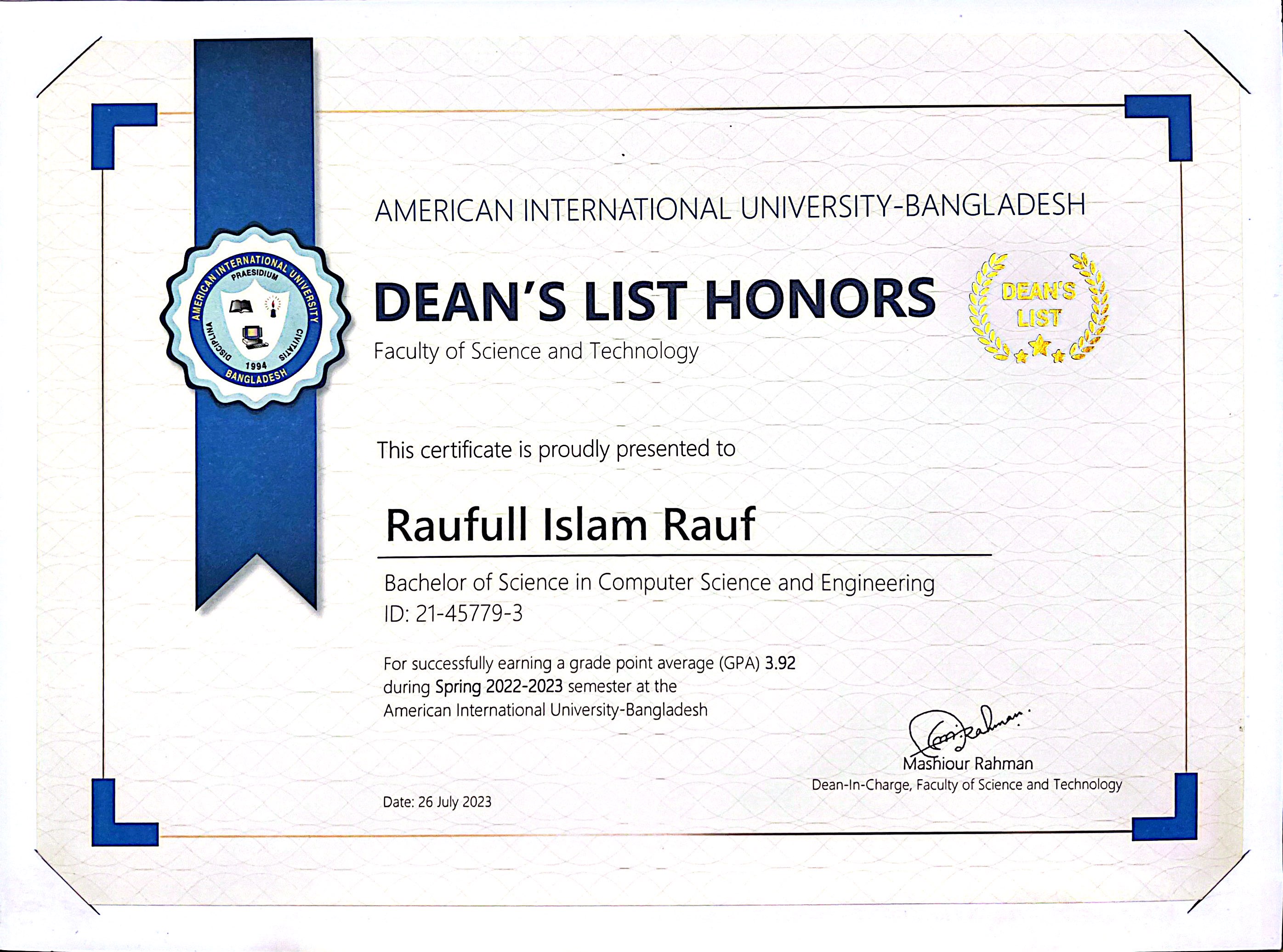 Dean's Award Spring 2022-2023