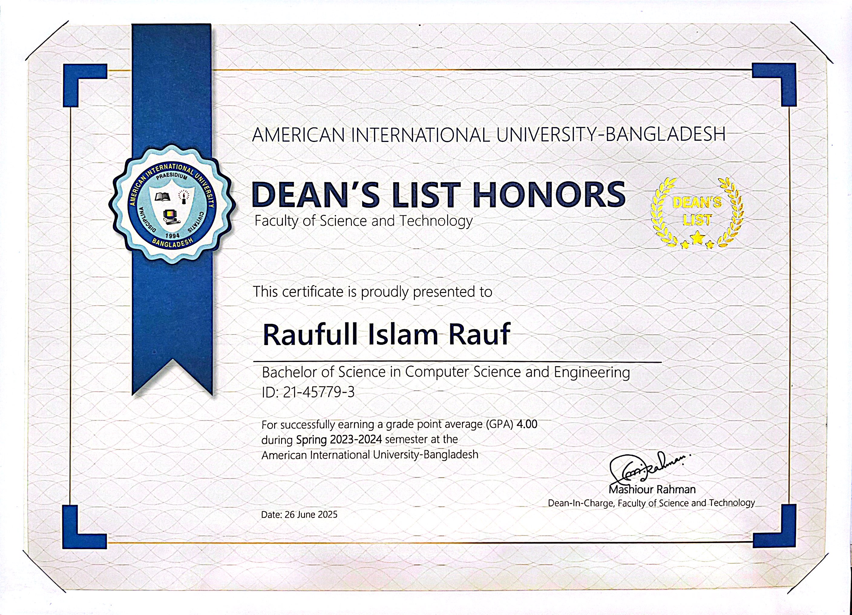 Dean's Award Spring 2023-2024